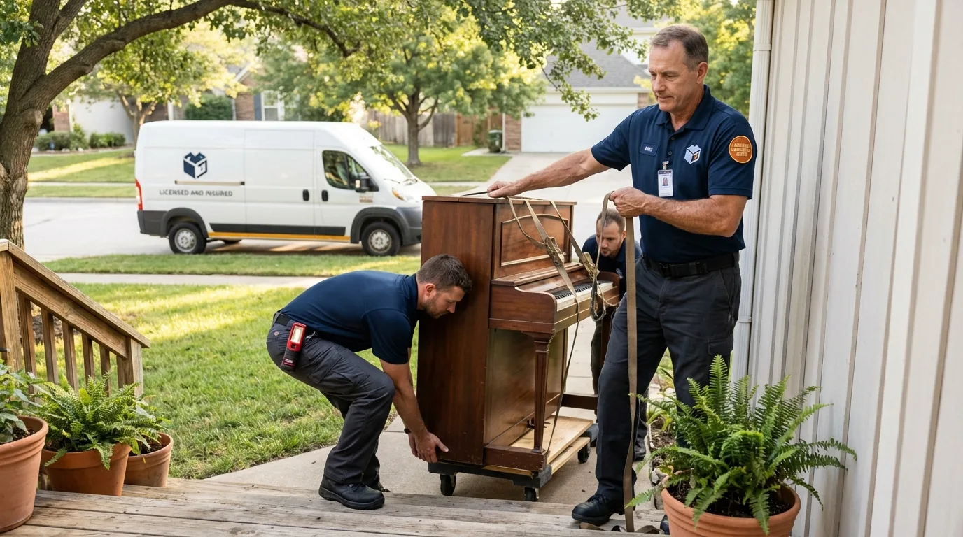Licensed piano movers securing grand piano in East Syracuse, NY