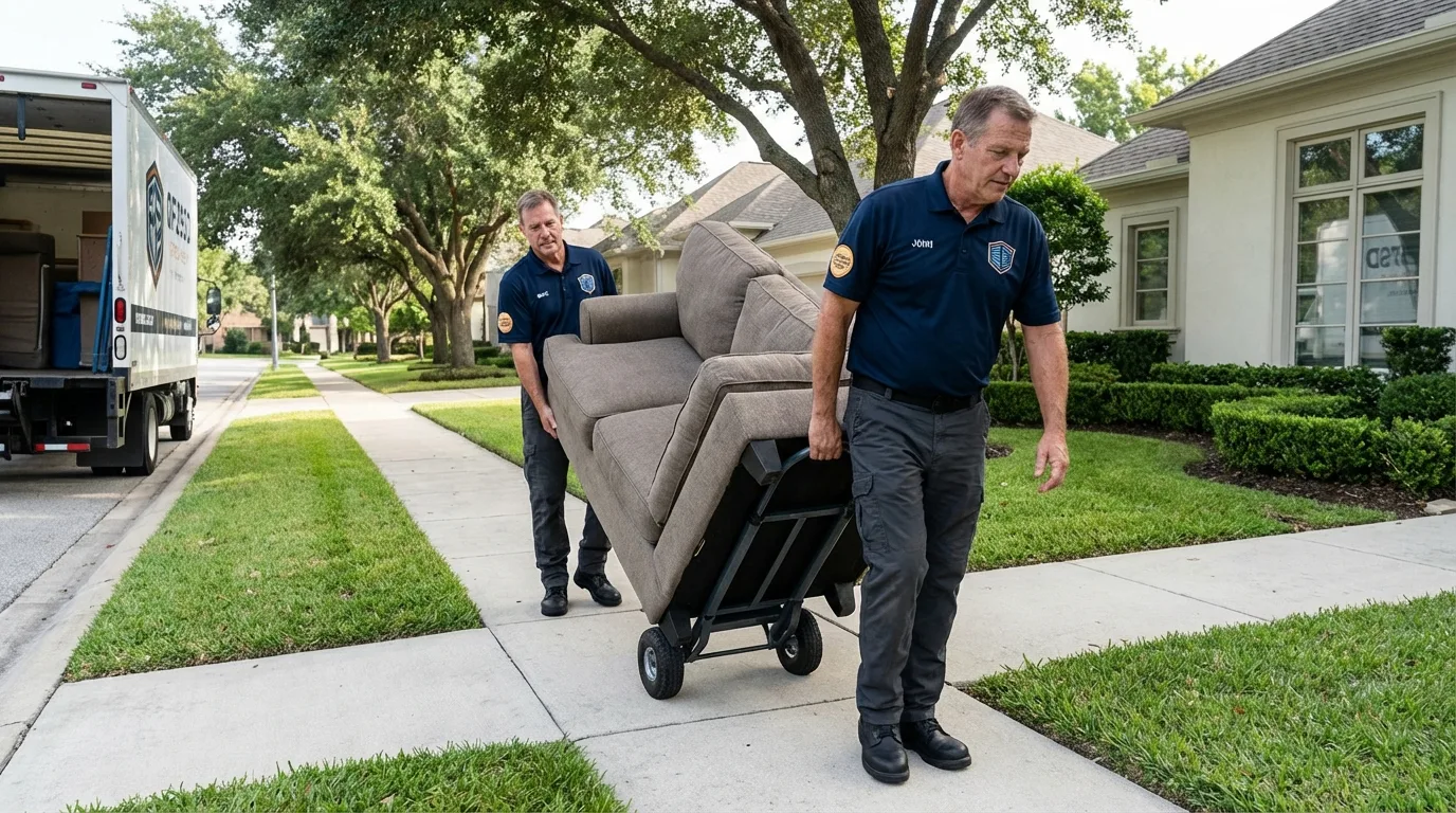 Local residential moving crew loading furniture in East Syracuse, NY