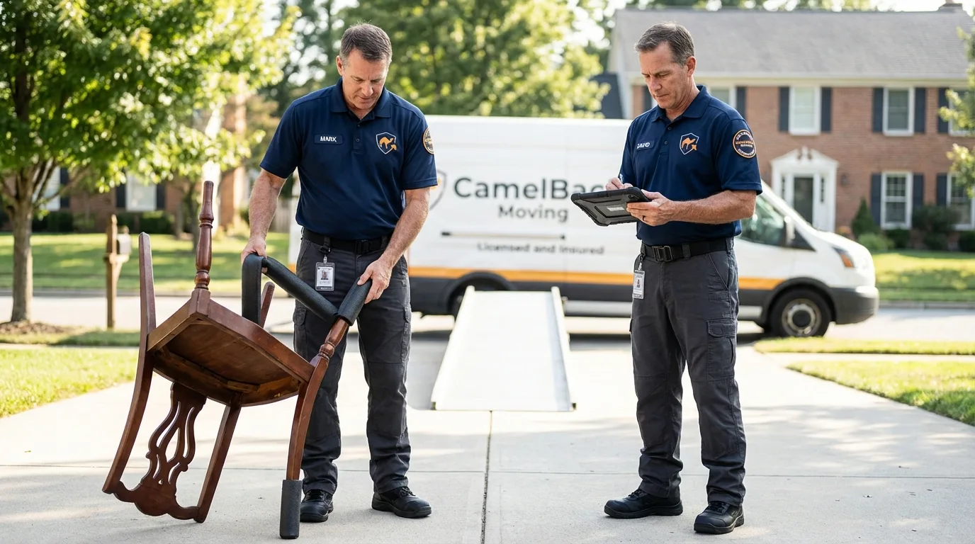 Movers inspecting furniture for damage prevention before loading in East Syracuse, NY