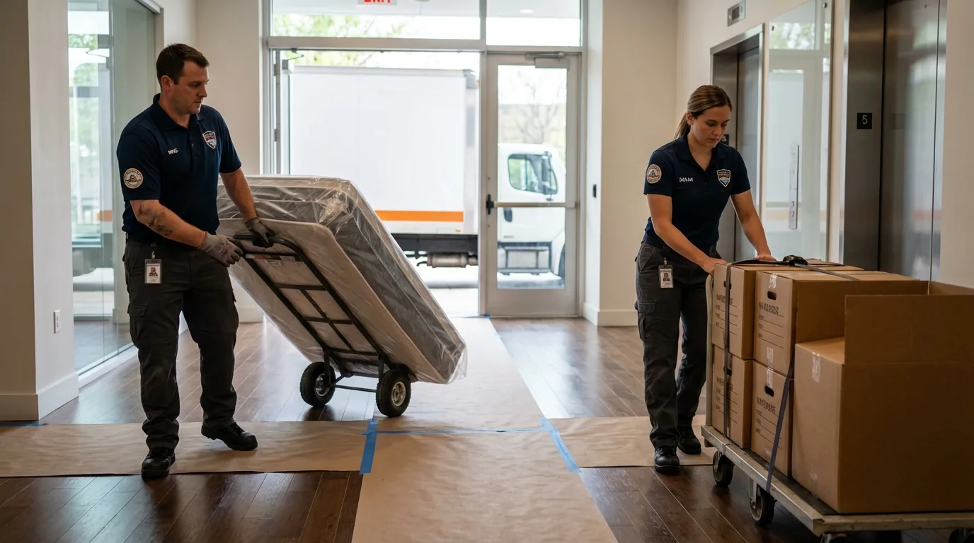 Professional apartment movers loading elevator in East Syracuse, NY