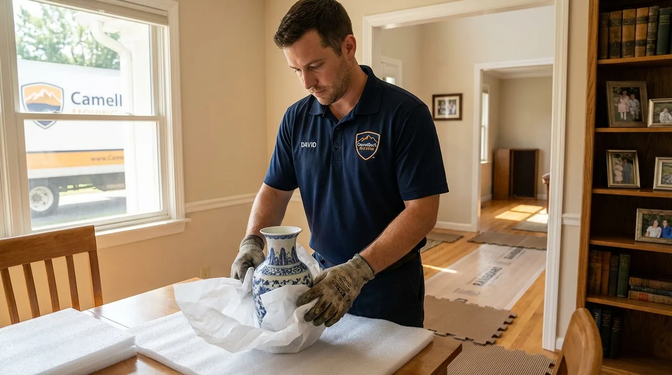Professional crew carefully wrapping antique vase for senior downsizing move in East Syracuse, NY