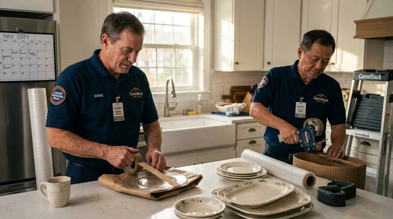 Professional crew packing kitchen dishware in East Syracuse, NY